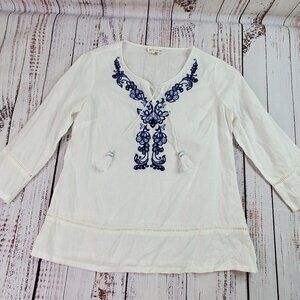 Share Artisan NY Linen Top Women's Small Off White Blue Embroidery Trim Tassel